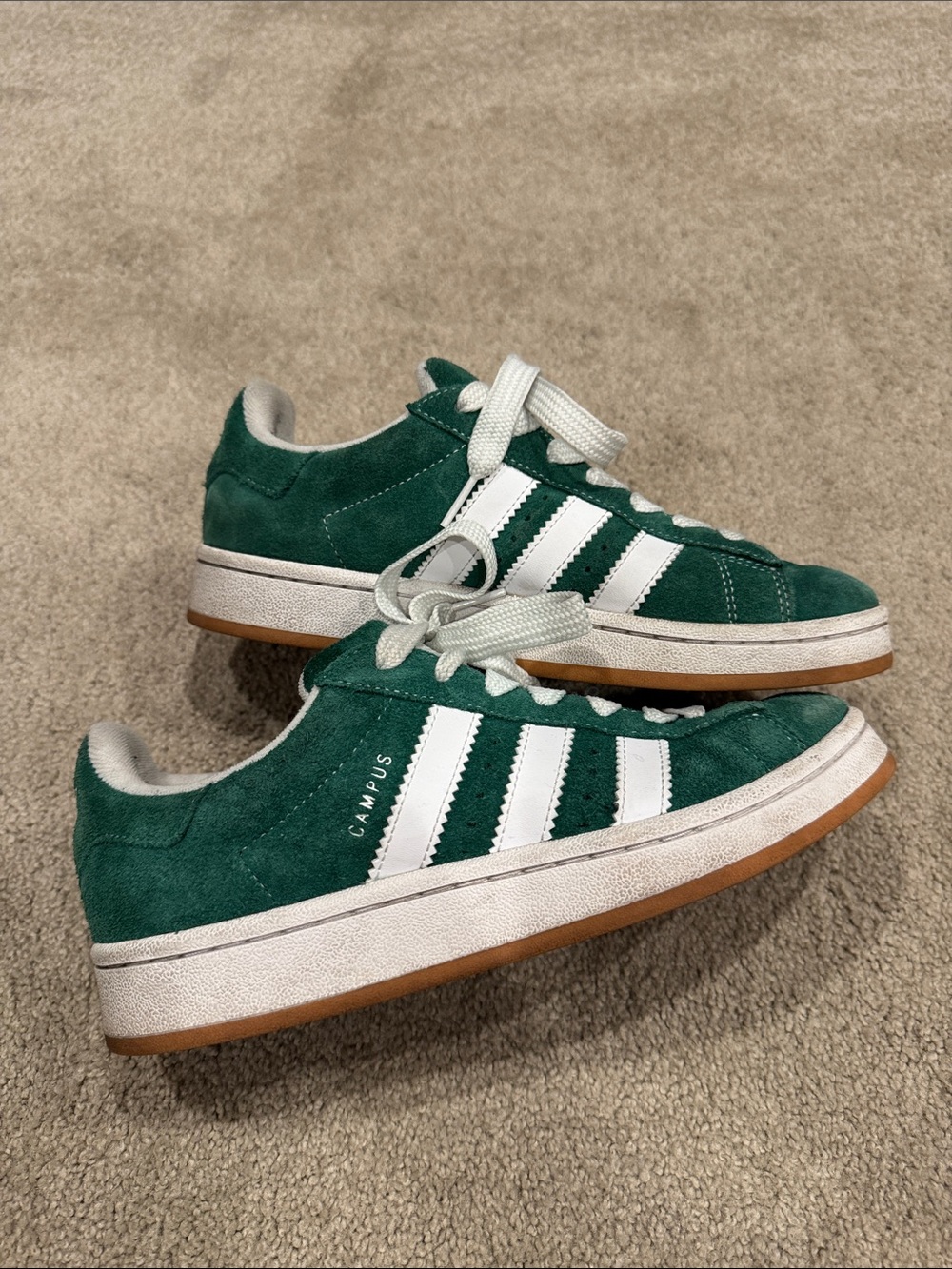 adidas Kids Green Suede Campus Sneakers with White Stripes